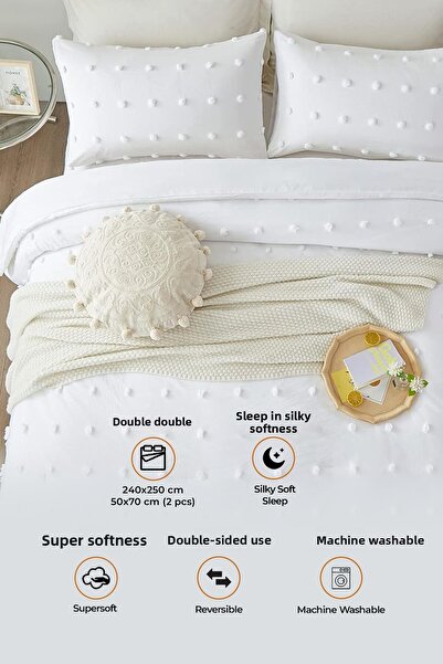 Evlen Home Collection Emmy Embossed Cotton Bedspread - Double Boho Set with Tufting Detail, White Cream