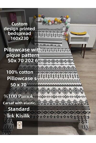 yok yok evim eve dair her şey 4 Piece Geometry Patterned Single Pique Bedspread Set with Elastic Sheets