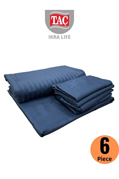 Taç Premium Basic Stripe Navy Blue Satin Double Duvet Cover Set