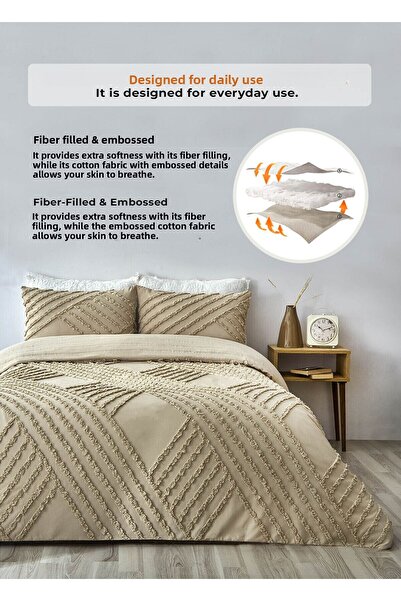 Evlen Home Collection Nora dombornyomott pamut ágytakaró szett - egyszemélyes, Boho 2 részes, bélelt bézs