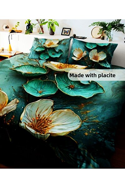 AngelsHome Ranforce Satin Lotus Flower - طقم غطاء لحاف مزدوج، 6 قطع