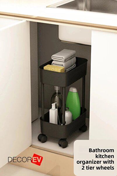 decorev رف أسود ذو طبقتين مع عجلات - منظم للحمام والمطبخ