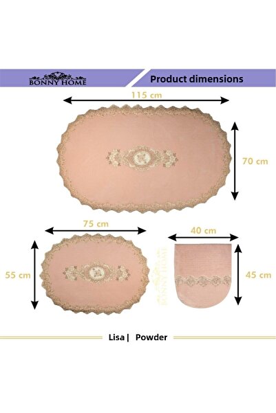 Bonny Home Σετ μπάνιου με χαλάκι μπάνιου σε σκόνη Lisa 3 τεμαχίων με γαλλική δαντέλα απλικέ