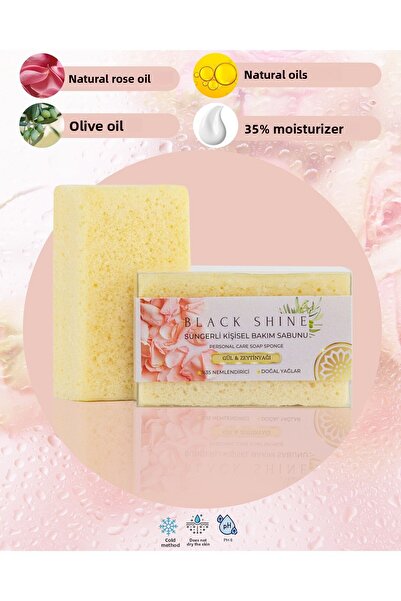 Black Shine BS صابون العناية الشخصية الصلبة بمحتوى الورد الطبيعي وزيت الزيتون، مرطب 35%، إسفنجة 100 جرام