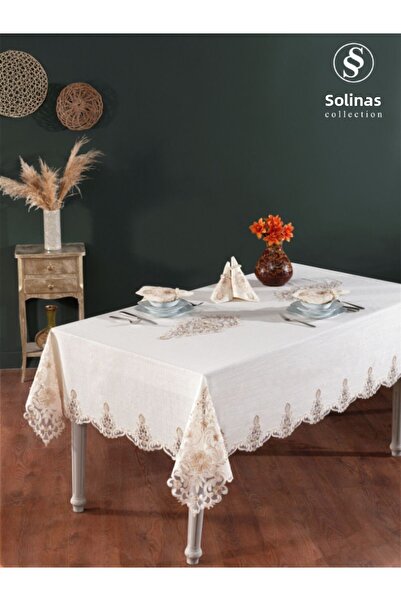 Solinas Collection Venora Cream Linen Fabric Mink Embroidered 25 Piece Tablecloth Set
