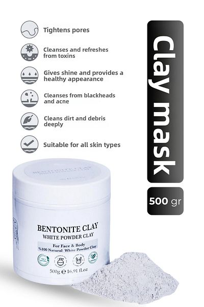 homenter 500 gr White Powder Clay - 100% Natural, Face and Body Bentonite Mask, Skin Pore Cleansing