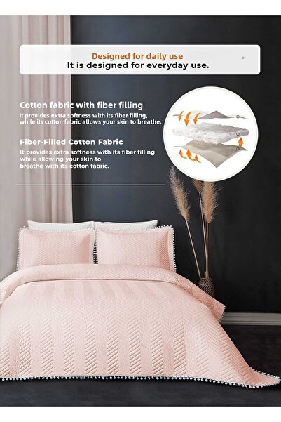 Evlen Home Collection 100% Cotton Single Quilted Bedspread Set with Pompoms Fiber-Filled Pike Set Daily Powder