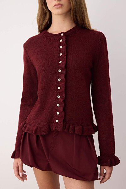 Trendyol Collection Burgundy Button Detailed Soft Textured Knitwear Cardigan Twoaw26Hi00038