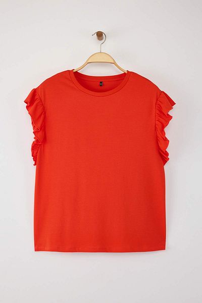 Trendyol Curve Red Crew Neck Ruffled Sleeves 100% Cotton Knitted T-Shirt Tbbss23Bf00006