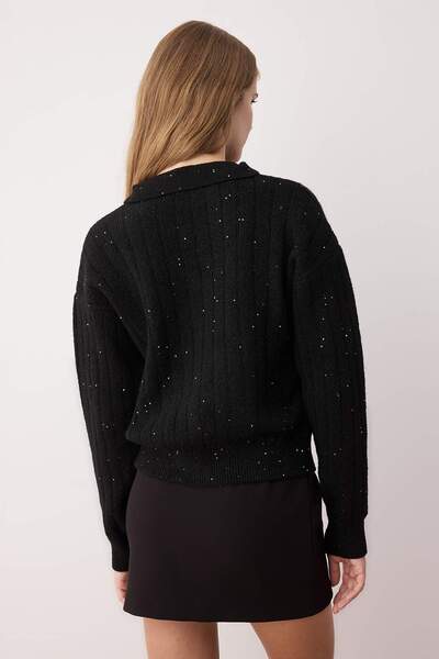 Trendyol Collection Black Woolen Sequined Yarn Button Detailed Knitwear Cardigan Twoaw26Hi00037