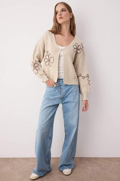 Trendyol Collection Beige Embroidery Detailed V-Neck Knitwear Cardigan Twoaw25Hi00291