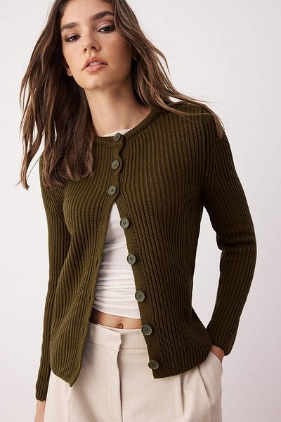 Trendyol Collection Khaki More Sustainable Fitted/Slim Fit Basic Ribbed Knitwear Cardigan Twoaw26Hi00175