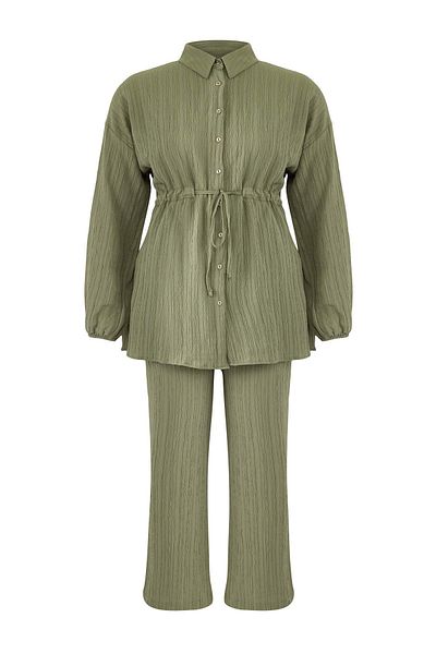Trendyol Modest Large Size Khaki Rubber Belt Woven Bottom-Top Suit Tctss25Us00046
