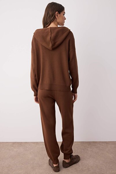 Trendyol Collection Barna kapucnis etnikai mintás kötöttáru alsó felső szett TWOAW25AU00063