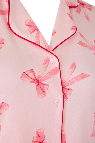 Trendyol Curve Powder Bow Patterned Piping Shirt Collar Knitted Pajamas Set Tbbss25Ai00086