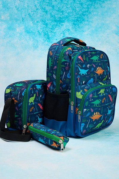 TRENDYOL SHOES Marineblauer Dinosaurier bedruckter 3-teiliger Jungen-Lunchbox-Stifthalter-Schulranzen TAKAW26OI00006