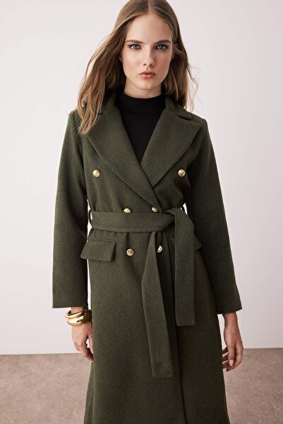 Trendyol Collection Palton kaki cu nasturi aurii, cu două piepte, cu detaliu de nasturi, midi, TWOAW26KB00017