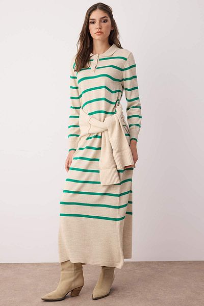 Trendyol Modest Beige Polo Button Collar Striped Knitwear Dress Tctaw22Eb0212