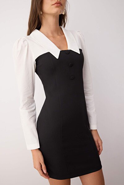 Trendyol Collection Μίνι υφαντό φόρεμα με μαύρο γιακά με κορδόνι TWOAW23EL00611