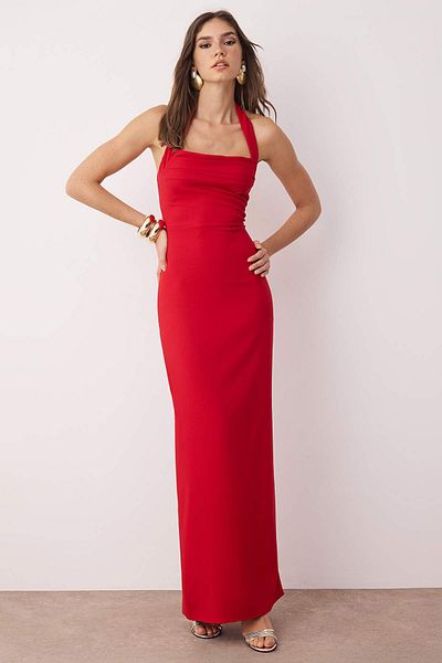 Trendyol Collection Red Body Fitting Degaje Collar Woven Long Stylish Evening Dress Tprss24Ae00083
