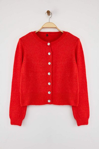 Trendyol Collection Pomegranate Flower Soft Texture Gem Button Coat Look Knitwear Cardigan Twoaw21Hi0034