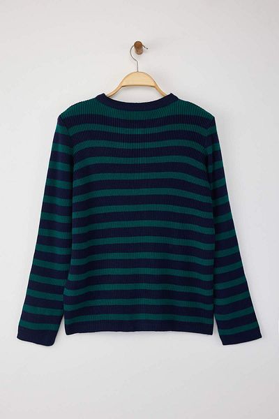 Trendyol Curve Navy-Green Striped Jacket Look Knitwear Cardigan Tbbaw24Av00011