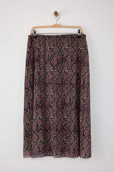 Trendyol Curve Brown A- Line Snake Print Tulle Knitted Plus Size Skirt Tbbaw25Az00006