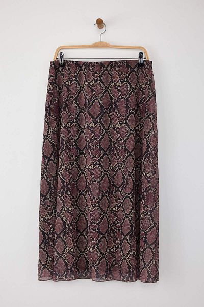 Trendyol Curve Brown A- Line Snake Print Tulle Knitted Plus Size Skirt Tbbaw25Az00006