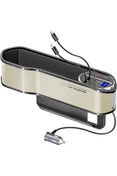 Promate 6 in 1 Multi-Functional Car Organizer, 65W Charging Station With 20W Lightning Retractable C