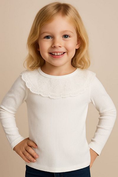 dinamik çocuk Girl's Collar Lace Ribbed Long Sleeve Plain White Badi Seasonal 2-3-4-5-6-7 Years
