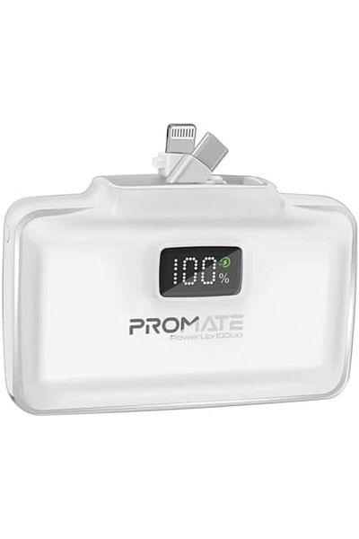 Promate Power Bank, 10000mAh Compact Power Bank with 20W USB-C™ In/Out Foldable Connector, Lightni