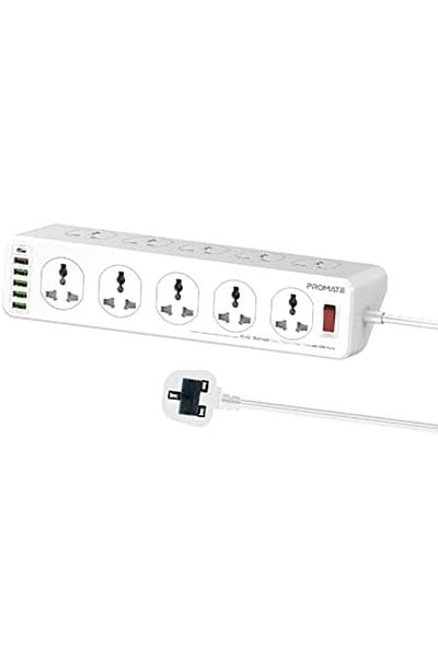 Promate شريط طاقة مع منافذ شحن USB، 10 منافذ تيار متردد عالمية، تمديد حماية من زيادة التيار مع 20