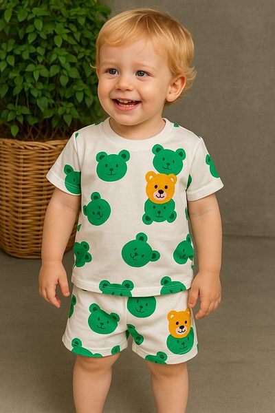 dinamik çocuk Children's Embroidered Teddy Bear Set of 2 - Boys/Girls Unisex Summer Thin Short Sleeve