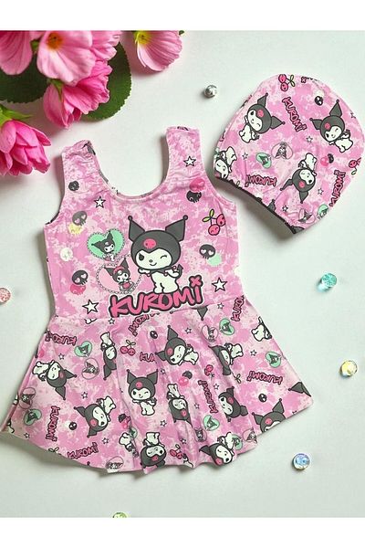 MİLAYS LİFE HOME COLLECTİON Girl's Pink Color Kuromi Patterned Skirted Pleated Tight Woven Quick Dry Stretchy Boned Swimsuit