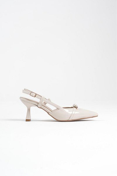 Griffa Women's Beige Patent Leather Buckle Open Back Daily Casual Evening Dress Stiletto Heeled Shoes