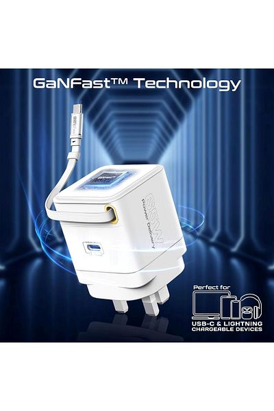 Promate شاحن GaNFast™ بقوة 65 وات مع منفذ USB-C، وكابل مدمج قابل للسحب، وحماية من زيادة التيار، ومتعدد