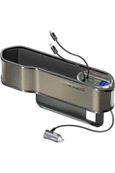 Promate 6 in 1 Multi-Functional Car Organizer, 65W Charging Station With 20W Lightning Retractable C