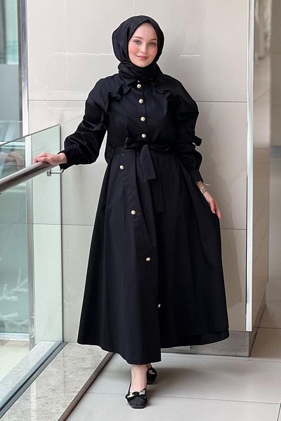 Ghisa Asymmetrical Detail Cotton Dress with Ruffles on the Shoulders