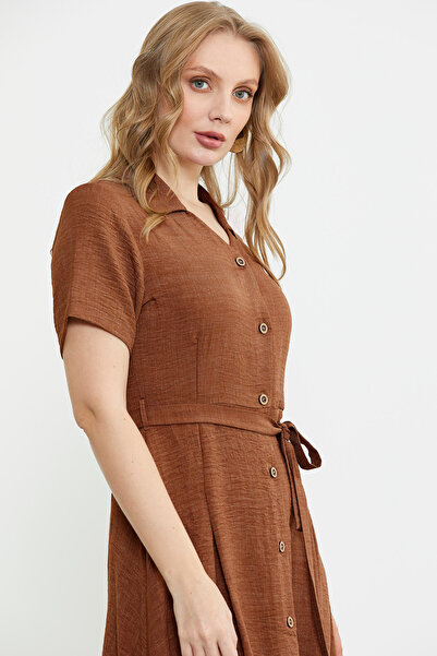 Sementa Keten Görünümlü Uzun Gömlek Elbise - Kahve