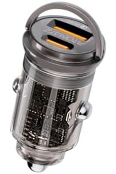 Promate Car Charger, Transparent 65W Ultra-Compact Car Adapter with USB Type-C Port, Qualcomm QC 3.0