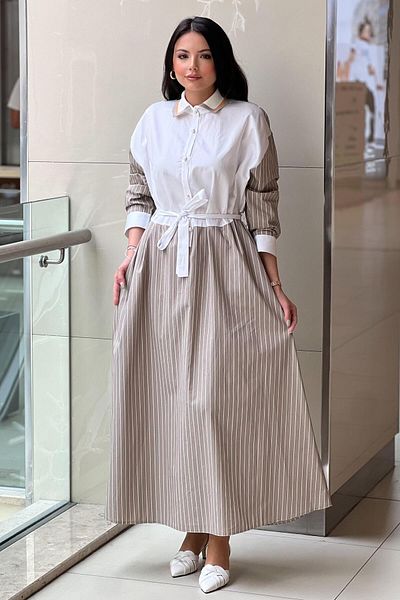 Ghisa Knitwear Collar Half Button Striped Cotton Dress