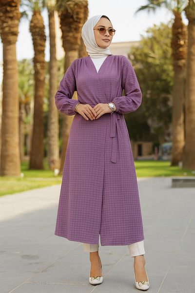 Neva Style Belted Dark Lilac Hijab Kimono 457Klıla