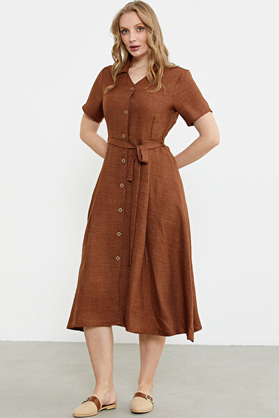 Sementa Keten Görünümlü Uzun Gömlek Elbise - Kahve