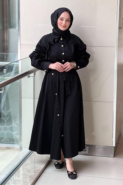 Ghisa Asymmetrical Detail Cotton Dress with Ruffles on the Shoulders