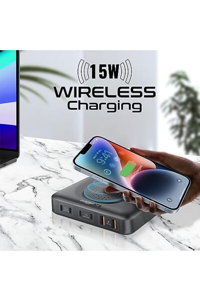 Promate Charging Station, 7-in-1 GaNFast 100W Laptop Charger with 4 Power Delivery USB-C Ports, Dual