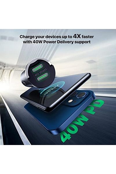 Promate USB-C™ Car Charger, Ultra-Compact Fast 40W Power Delivery Adapter