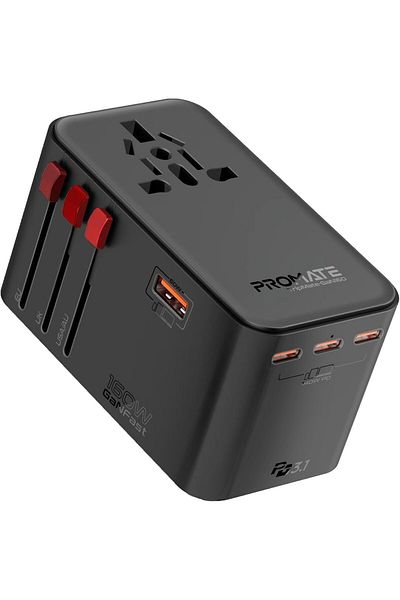 Promate محول سفر صغير الحجم بقوة 160 واط مع مقبس تيار متردد عالمي بقوة 2500 واط، وتقنية GaNFast™، وتقنية Triple PD