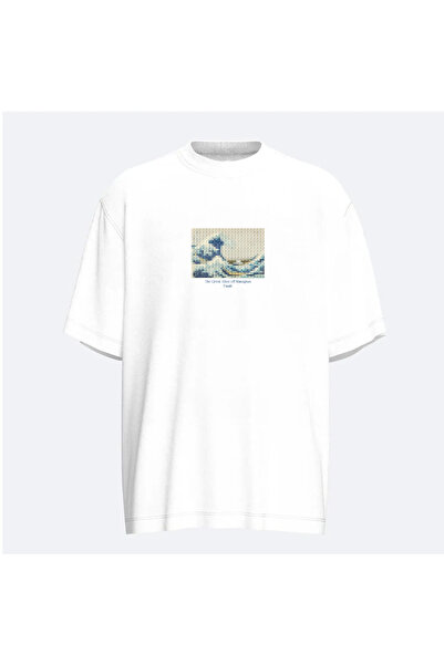 Beyaz Oversize Bisiklet Yakalı The Great Wave off Kanagawa T-shirt