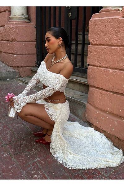 Friday Mood Women's Lace Front Short Back Long Skirt & Blouse Set