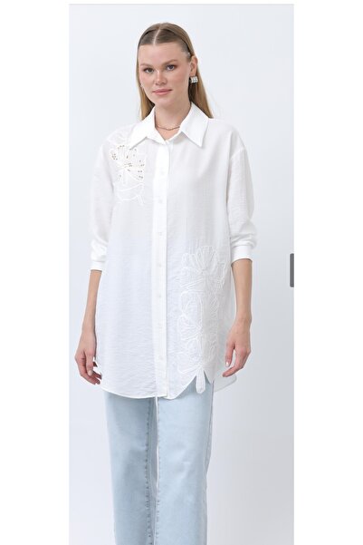 Puane Women's Chest and Skirt Part Embroidery Detail High Quality Fabric Handwork Detail Tunic Shirt